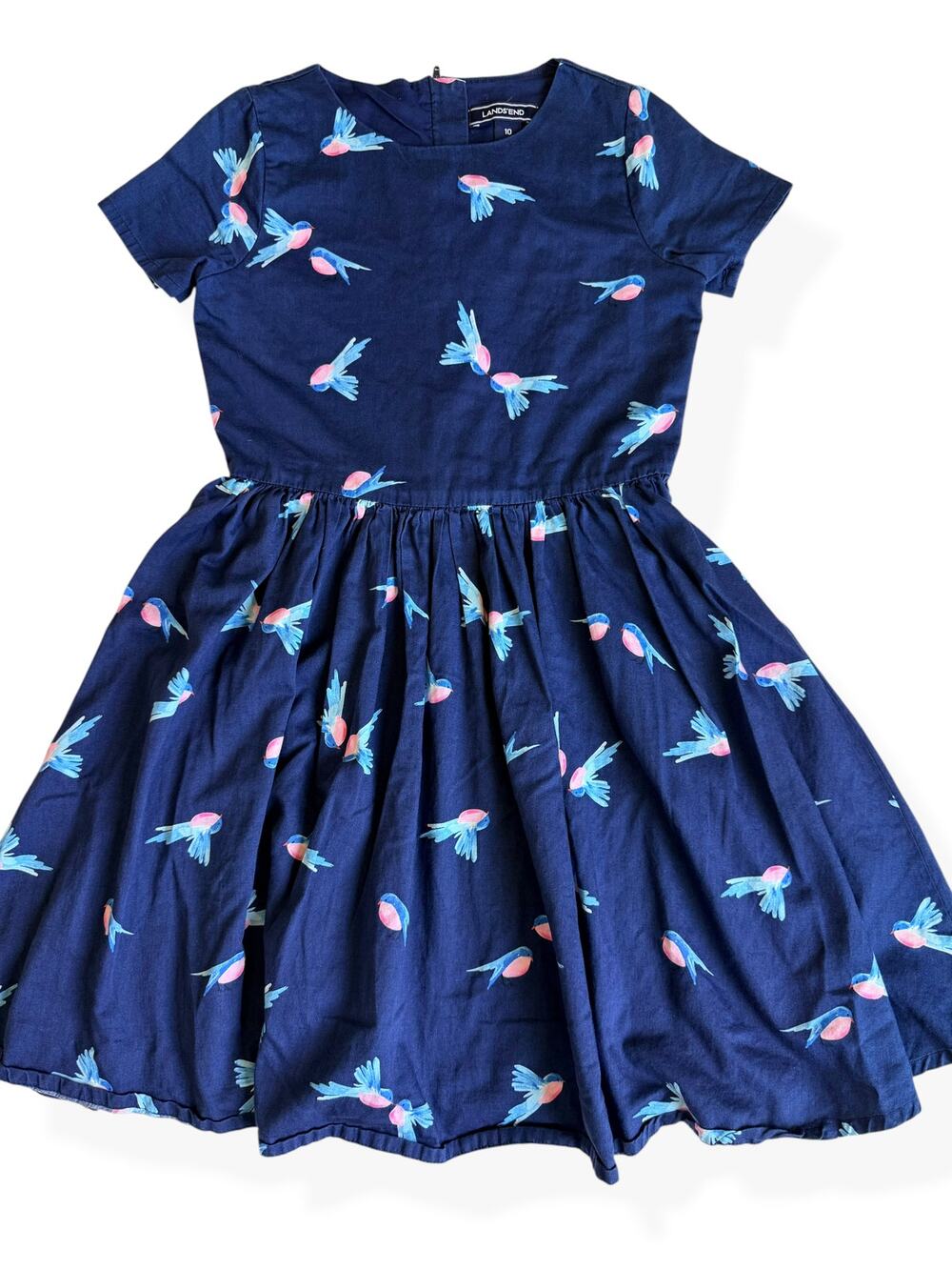 Lands’ End Girls 10 Navy Blue Bird Print Fit & Flare Dress 100% Cotton